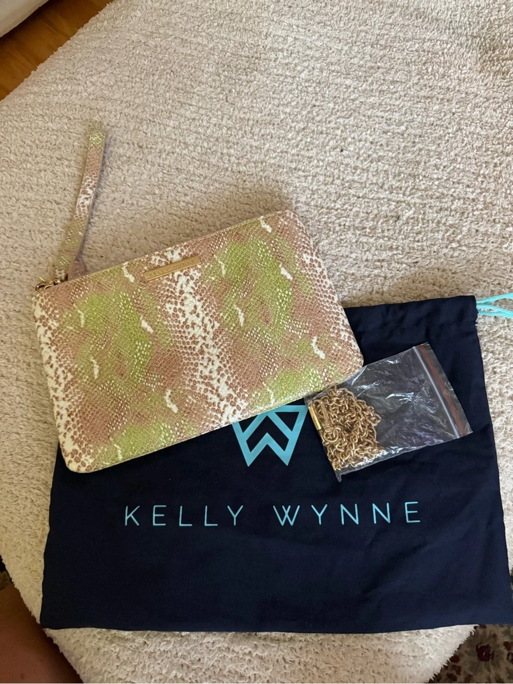 Kelly Wynne Green and Neutral Snake-Print Clutch/wristlet bag